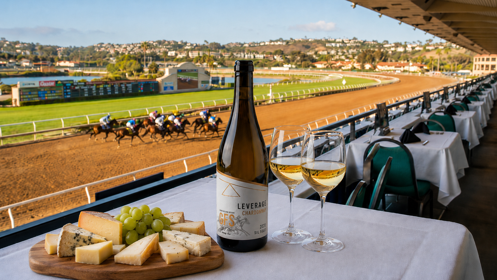 Elegant view of horse racing track with wine and cheese on a terrace table.