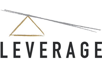 Leverage logo with a stylized triangle and the word 'LEVERAGE' in bold black letters.